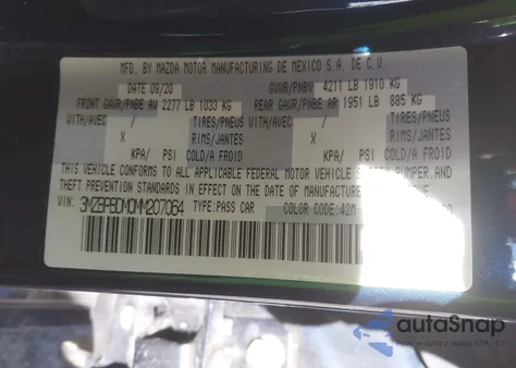 2021 Mazda Mazda3 Premium из США, поврежденный, VIN 3MZBPBDM0MM207064